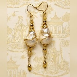 Dazzling Natural Yellow Fire Opal &  Wired Large Baroque Pearl In Long Earrings